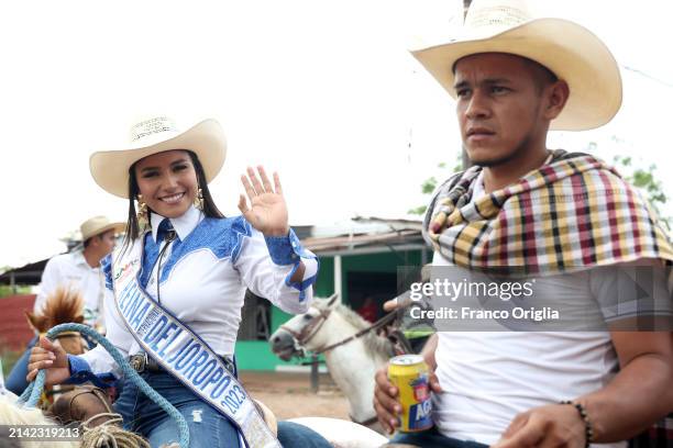 Miss parades on horseback through the streets of Puerto Carreno during the 'Feria Internacional del Corrio Llanero' on April 05, 2024 in Puerto...