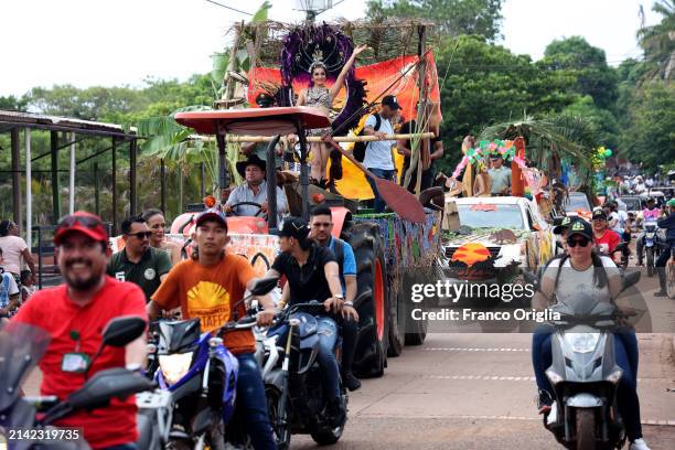Decorated floats parade through the streets of Puerto Carreno during the 'Feria Internacional del Corrio Llanero' on April 05, 2024 in Puerto...