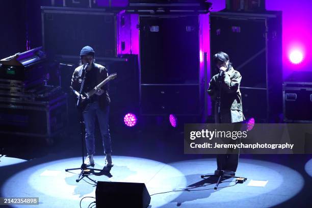 Tegan Quin and Sara Quin of Tegan And Sara perform at Oakville Centre for the Performing Arts on April 05, 2024 in Oakville, Ontario.