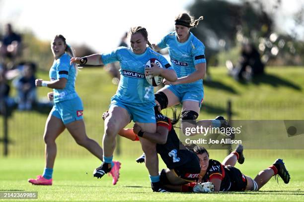 Amy Rule of Matatū charges forward during the round six Super Rugby Aupiki match between Matatu and Chiefs Manawa at Nga Puna Wai on April 06, 2024...