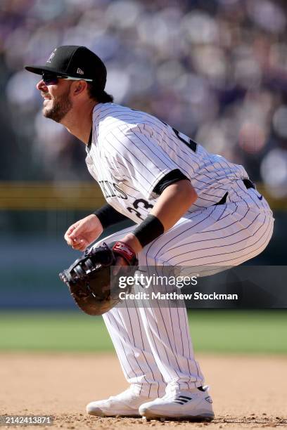 Kris Bryant of the Colorado Rockies plays the Tampa Bay Rays during the ninth inning of the home opener on April 05, 2024 in Denver, Colorado.