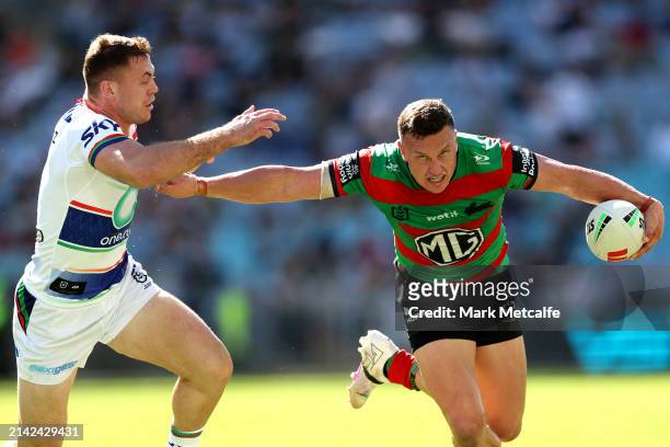 Jack Wighton of the Rabbitohs is tackled during the round five NRL match between South Sydney Rabbitohs and New Zealand Warriors at Accor Stadium, on...