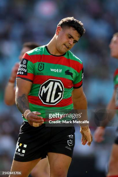 Latrell Mitchell of the Rabbitohs reactsb during the round five NRL match between South Sydney Rabbitohs and New Zealand Warriors at Accor Stadium,...