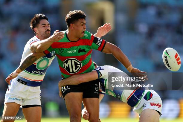 Latrell Mitchell of the Rabbitohs offloads during the round five NRL match between South Sydney Rabbitohs and New Zealand Warriors at Accor Stadium,...