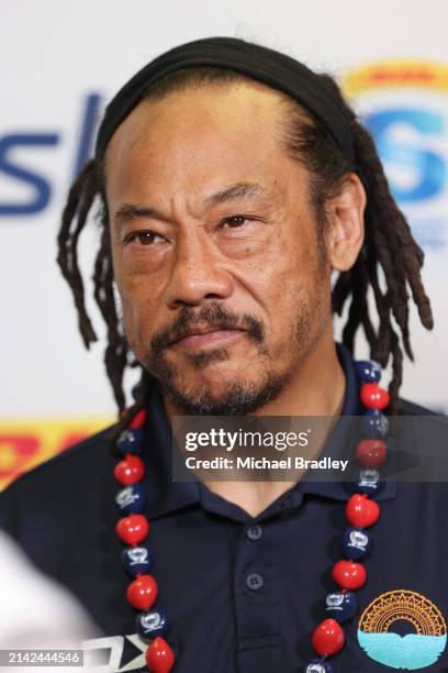 Tana Umaga, head coach of Moana Pasifika speaks to the media during the round seven Super Rugby Pacific match between Chiefs and Moana Pasifika at...