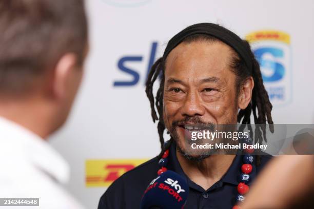 Tana Umaga, head coach of Moana Pasifika speaks to the media during the round seven Super Rugby Pacific match between Chiefs and Moana Pasifika at...