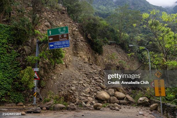 General view of a landslide following the earthquake inside the Takoro Gorge on April 06, 2024 in Hualien, Taiwan. There are still hundreds of...