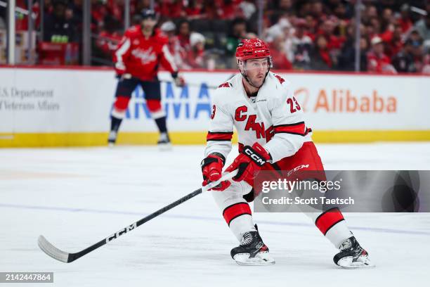 Stefan Noesen of the Carolina Hurricanes skates against the Washington Capitals during the first period of the game at Capital One Arena on March 22,...