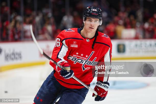 Nicolas Aube-Kubel of the Washington Capitals skates before the game against the Carolina Hurricanes at Capital One Arena on March 22, 2024 in...