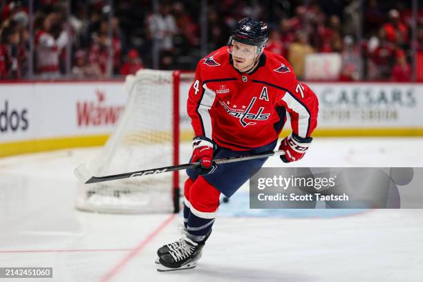 John Carlson of the Washington Capitals skates before the game against the Carolina Hurricanes at Capital One Arena on March 22, 2024 in Washington,...