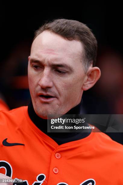 Baltimore Orioles outfielder Austin Hays looks on during an MLB game against the Pittsburgh Pirates on April 06, 2024 at PNC Park in Pittsburgh,...