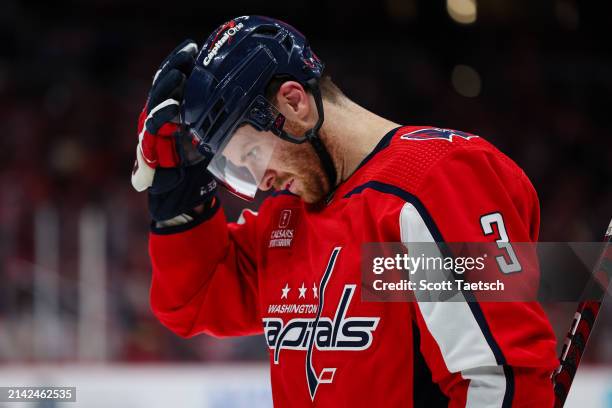 Nick Jensen of the Washington Capitals looks on against the Carolina Hurricanes during the third period of the game at Capital One Arena on March 22,...