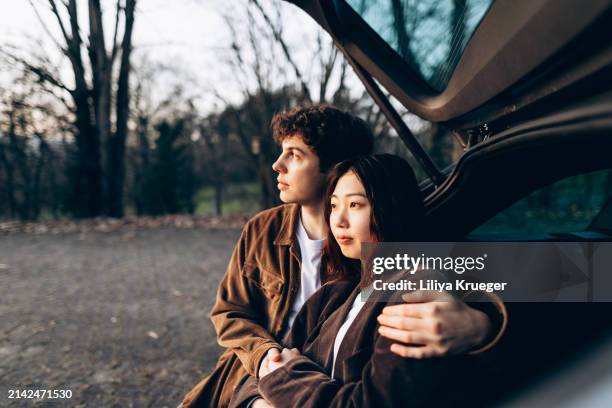 young multi-ethnic couple in the car at the sunset. - ethnic woman driving a car stock pictures, royalty-free photos & images