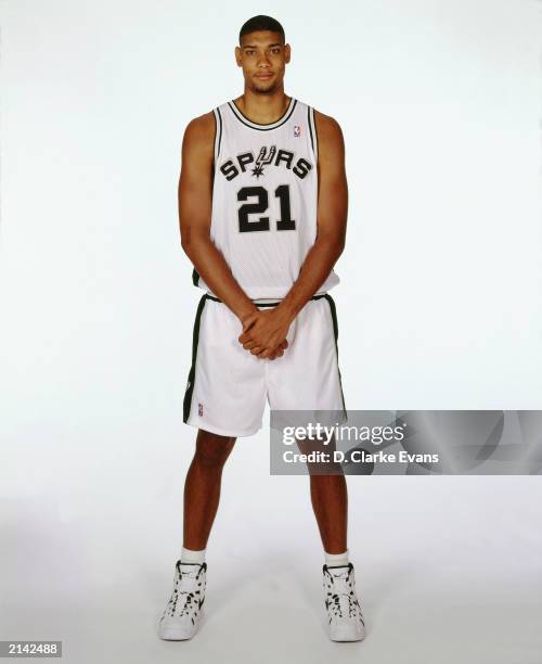 Tim Duncan of the San Antonio Spurs poses for a portrait during media day in 1998 in San Antonio, Texas. NOTE TO USER: User expressly acknowledges...