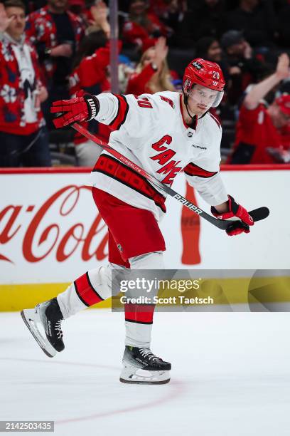 Sebastian Aho of the Carolina Hurricanes looks on during the shootout of the game against the Washington Capitals at Capital One Arena on March 22,...