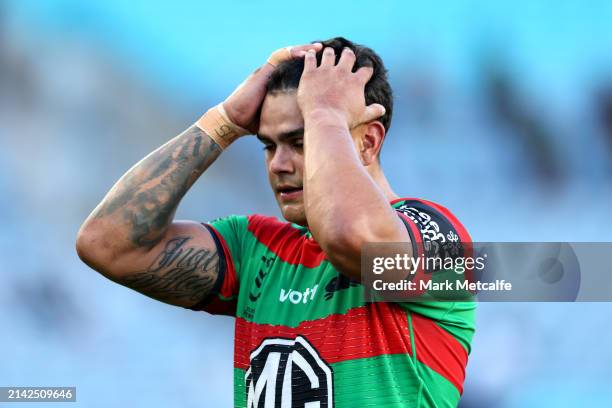 Latrell Mitchell of the Rabbitohs reacts following the round five NRL match between South Sydney Rabbitohs and New Zealand Warriors at Accor Stadium,...