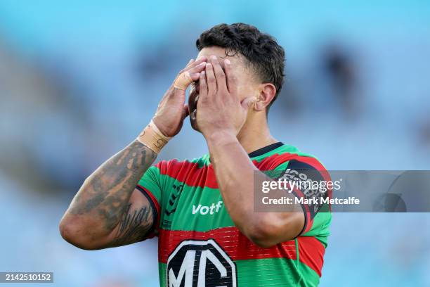 Latrell Mitchell of the Rabbitohs reacts following the round five NRL match between South Sydney Rabbitohs and New Zealand Warriors at Accor Stadium,...