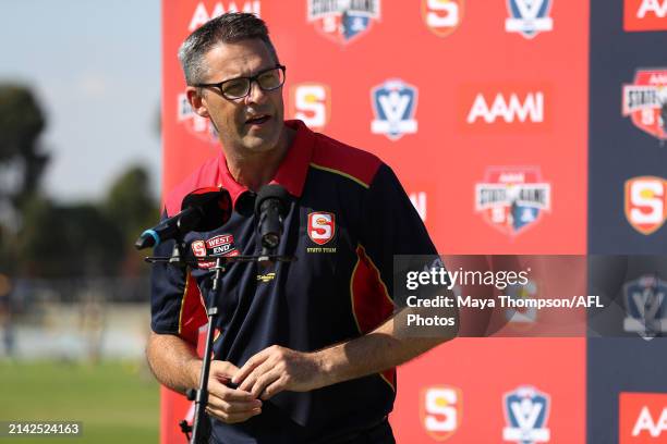 Jade Rawlings, coach of South Australia after the 2024 AAMI State Game between SANFL West End State Team and Smithy's VFL State Team at Glenelg Oval,...