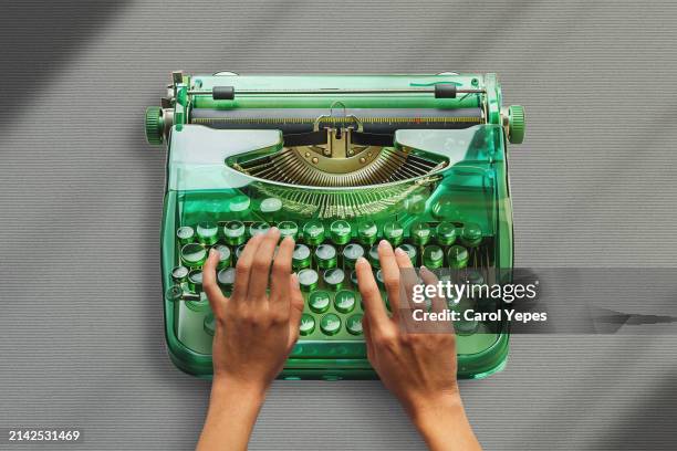 conceptual image of female hands typing in old typewrite - correspondence stock pictures, royalty-free photos & images