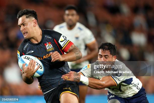 Daniel Rona of the Chiefs makes a break during the round seven Super Rugby Pacific match between Chiefs and Moana Pasifika at FMG Stadium Waikato, on...