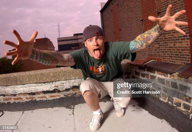 Singer Vanilla Ice poses on May 17, 2003 on a rooftop in Bloomington, Illinois.