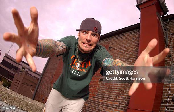 Singer Vanilla Ice poses on May 17, 2003 on a rooftop in Bloomington, Illinois.