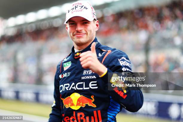 Pole position qualifier Max Verstappen of the Netherlands and Oracle Red Bull Racing celebrates in parc ferme during qualifying ahead of the F1 Grand...