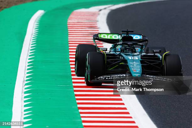 Lance Stroll of Canada driving the Aston Martin AMR24 Mercedes on track during final practice ahead of the F1 Grand Prix of Japan at Suzuka...