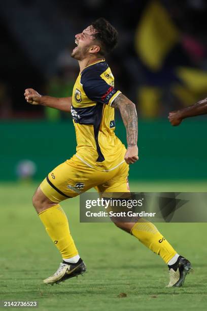 Mikael Doka of the Mariners celebrates his goal during the A-League Men round 23 match between Central Coast Mariners and Wellington Phoenix at...