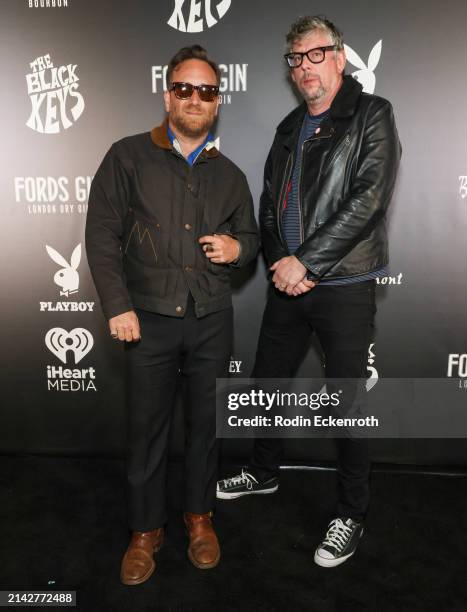 Dan Auerbach and Patrick Carney arrive at the Black Keys celebration of their new album "Ohio Players" at Bar Marmont on April 05, 2024 in Los...