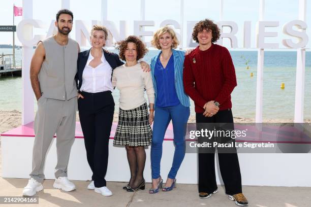 Joakim Latzko, Agathe de La Boulaye, Sylvie Flepp, Diane Dassigny and Tim Rousseau attend the "Plus Belle La Vie" Photocall during the 7th...