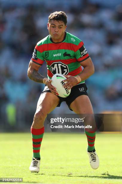 Latrell Mitchell of the Rabbitohs in action during the round five NRL match between South Sydney Rabbitohs and New Zealand Warriors at Accor Stadium,...