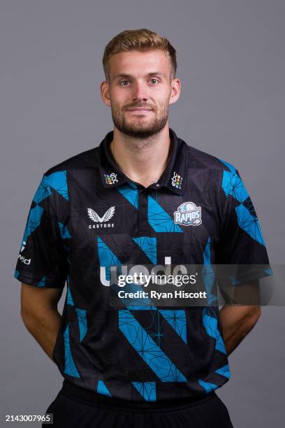 Adam Finch of Worcestershire poses for a portrait during the Worcestershire CCC photocall at New Road on April 03, 2024 in Worcester, England.