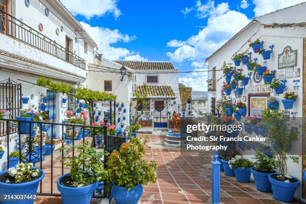 traditional white-washed public square in small white village ("pueblos blancos") in andalusia delicately decorated with fresh flower pots in iznajar, subbetica, andalusia, spain - córdoba españa fotografías e imágenes de stock