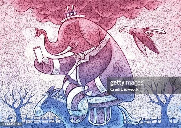 ilustraciones, imágenes clip art, dibujos animados e iconos de stock de elephant in uncle sam costume looking at smartphone and riding on donkey - uncle gizmo