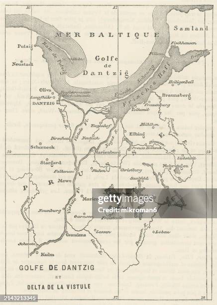 old engraved map of gdansk bay or the gulf of gdańsk and the vistula estuary, the longest river in poland, poland - pomorskie province stock pictures, royalty-free photos & images