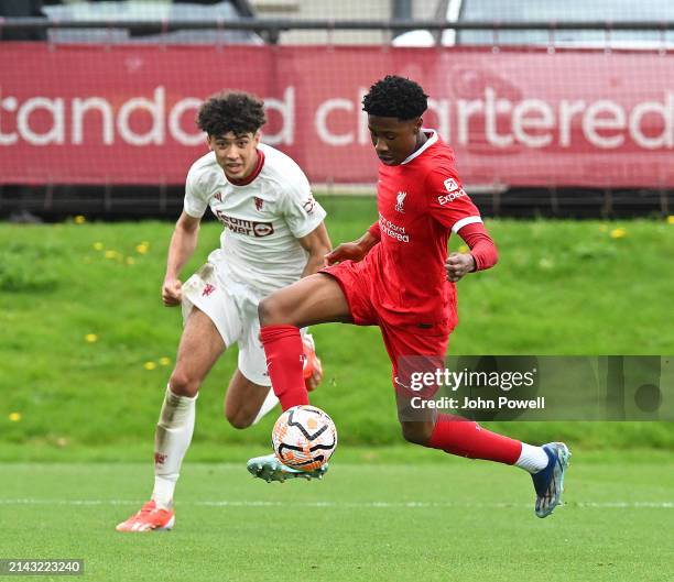 Emmanuel Airoboma of Liverpool in action during the game between Liverpool U18 v Manchester United U18 at AXA Training Centre on April 06, 2024 in...