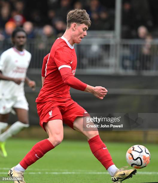 Joe Bradshaw scores the first Liverpool goal during the game between Liverpool U18 v Manchester United U18 at AXA Training Centre on April 06, 2024...