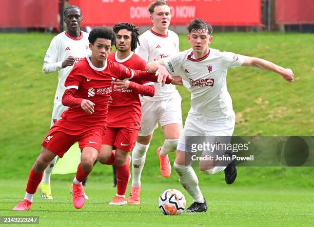 Josh Sonni-Lambie of Liverpool in action during the game between Liverpool U18 v Manchester United U18 at AXA Training Centre on April 06, 2024 in...