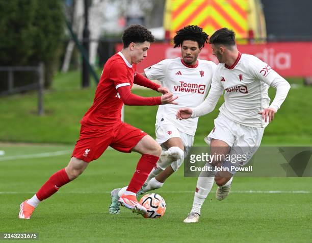 Kieran Morrison of Liverpool in action during the game between Liverpool U18 v Manchester United U18 at AXA Training Centre on April 06, 2024 in...