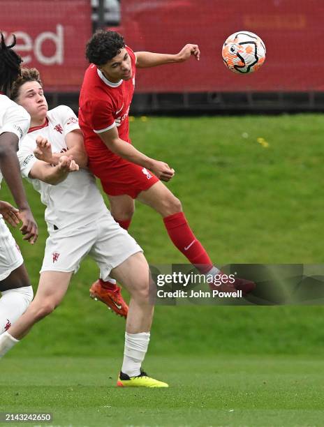 Harry Evers of Liverpool in action during the game between Liverpool U18 v Manchester United U18 at AXA Training Centre on April 06, 2024 in Kirkby,...