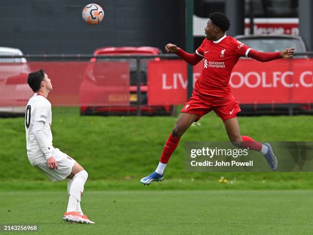 Emmanuel Airoboma of Liverpool in action during the game between Liverpool U18 v Manchester United U18 at AXA Training Centre on April 06, 2024 in...
