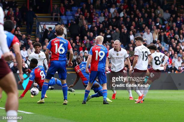 Rico Lewis of Manchester City scores his team's second goal during the Premier League match between Crystal Palace and Manchester City at Selhurst...