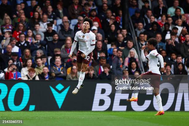 Rico Lewis of Manchester City celebrates scoring his team's second goal during the Premier League match between Crystal Palace and Manchester City at...