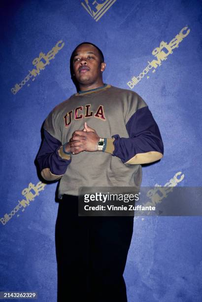 American rapper and record producer Dr Dre, wearing a UCLA sweatshirt, in the 1994 Billboard Music Awards press room, at the Universal Amphitheater...