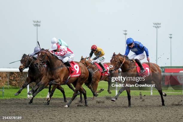 Oisin Murphy riding Auric win The Virgin Bet Restricted Novice Stakes at Kempton Park Racecourse on April 06, 2024 in Sunbury, England.