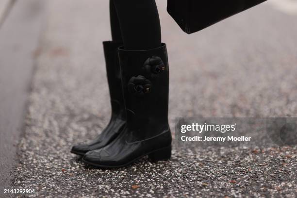 Yasmin von Schlieffen-Nannen seen wearing Lululemon black legging pants and Chanel black rubber boots on April 05, 2024 in Hamburg, Germany.