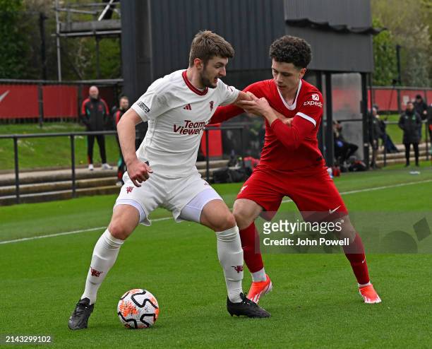 Kieran Morrison of Liverpool in action during the game between Liverpool U18 v Manchester United U18 at AXA Training Centre on April 06, 2024 in...
