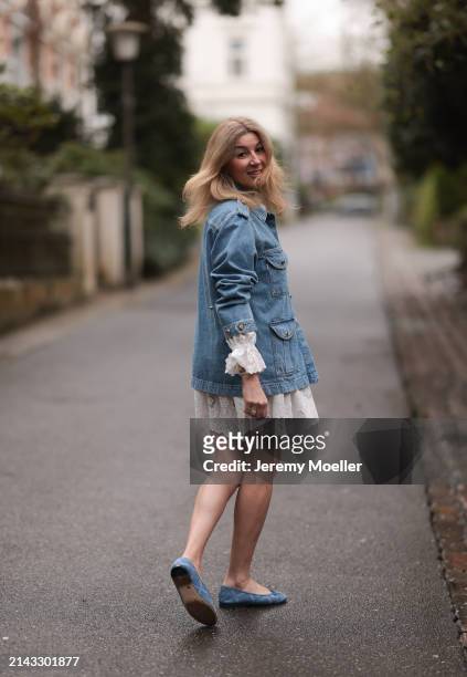 Yasmin von Schlieffen-Nannen seen wearing Isabel Marant white ruffled lace short dress, Blaze blue denim jacket, Cartier yellow gold Love bracelet...
