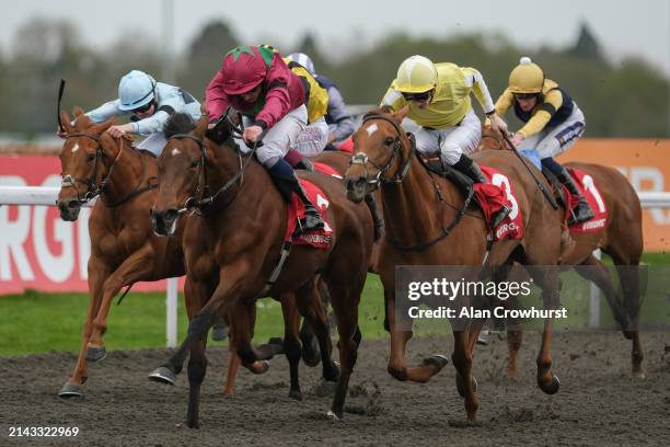 William Buick riding Adelaise win The Virgin Bet Daily Price Boosts Snowdrop Fillies' Stakes at Kempton Park Racecourse on April 06, 2024 in Sunbury,...